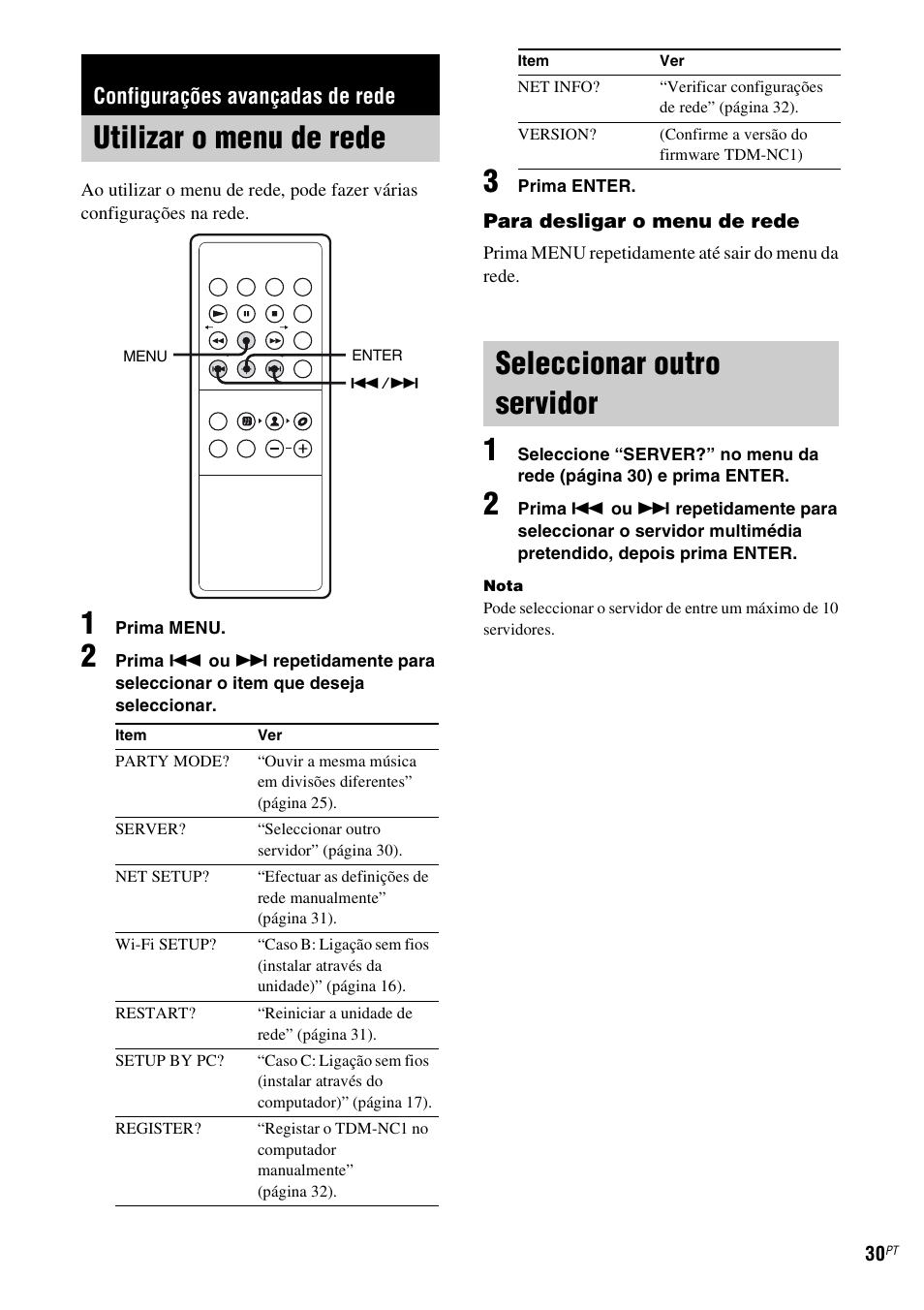 Configurações avançadas de rede, Utilizar o menu de rede, Seleccionar outro servidor | Utilizar o menu de rede seleccionar outro servidor | Sony TDM-NC1 User Manual | Page 455 / 467