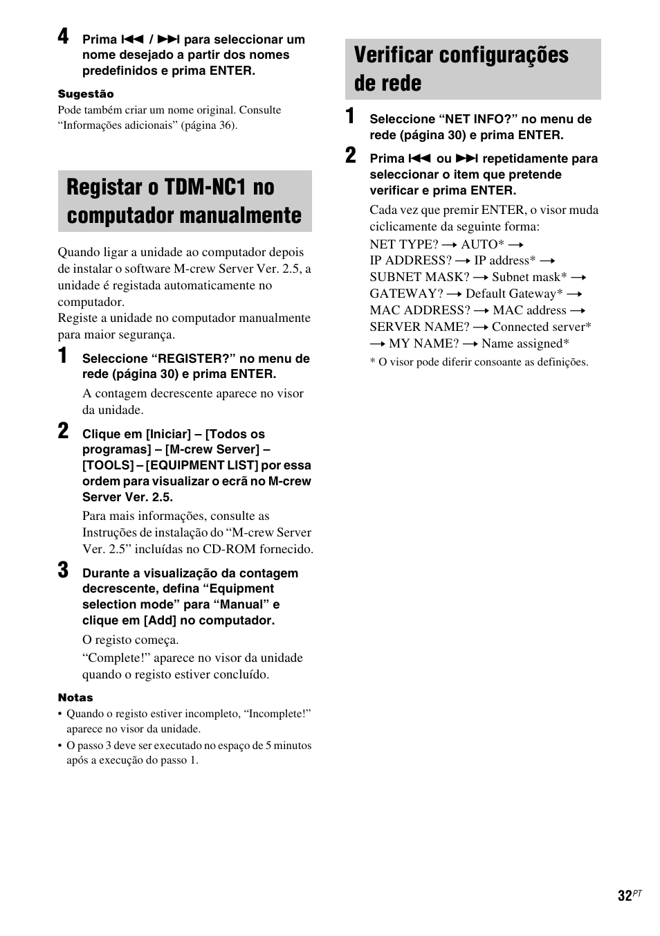 Registar o tdm-nc1 no computador manualmente, Verificar configurações de rede, Registar o tdm-nc1 no computador | Manualmente | Sony TDM-NC1 User Manual | Page 457 / 467