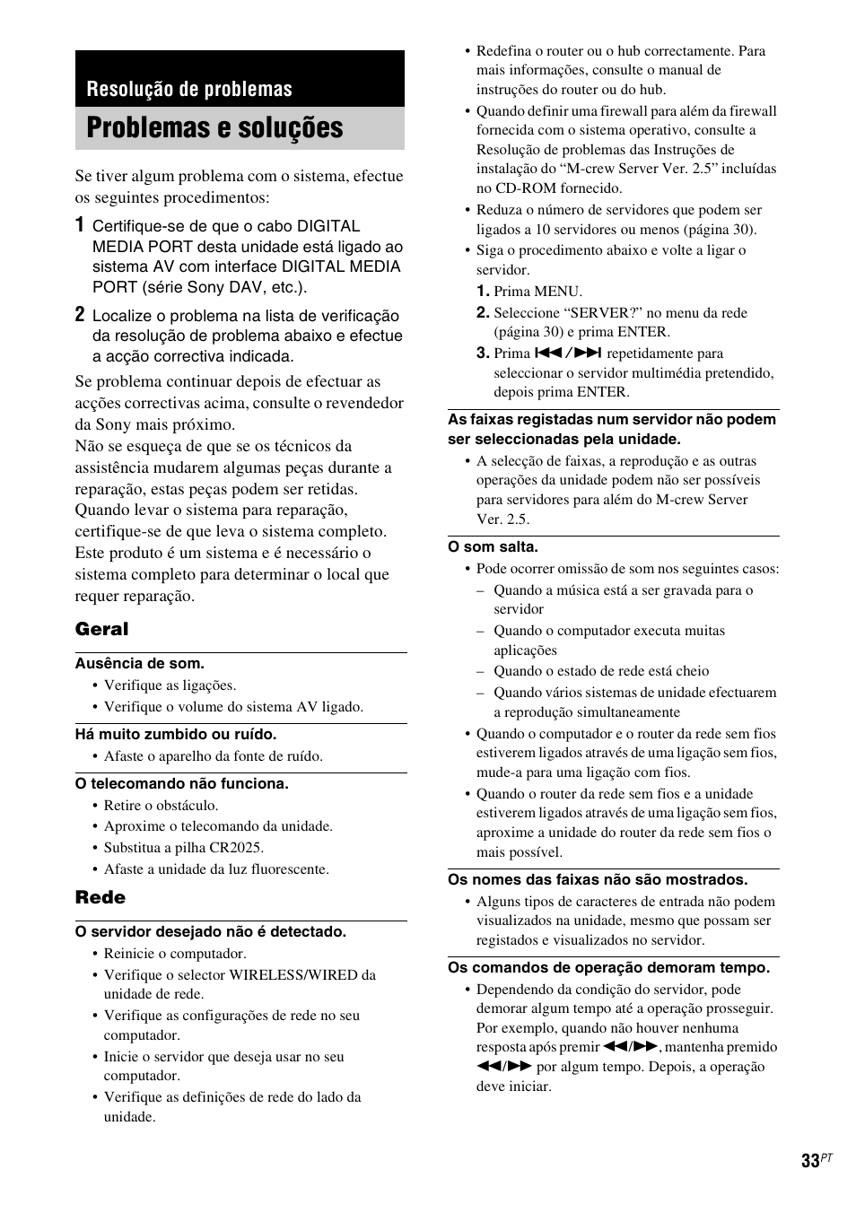 Resolução de problemas, Problemas e soluções | Sony TDM-NC1 User Manual | Page 458 / 467