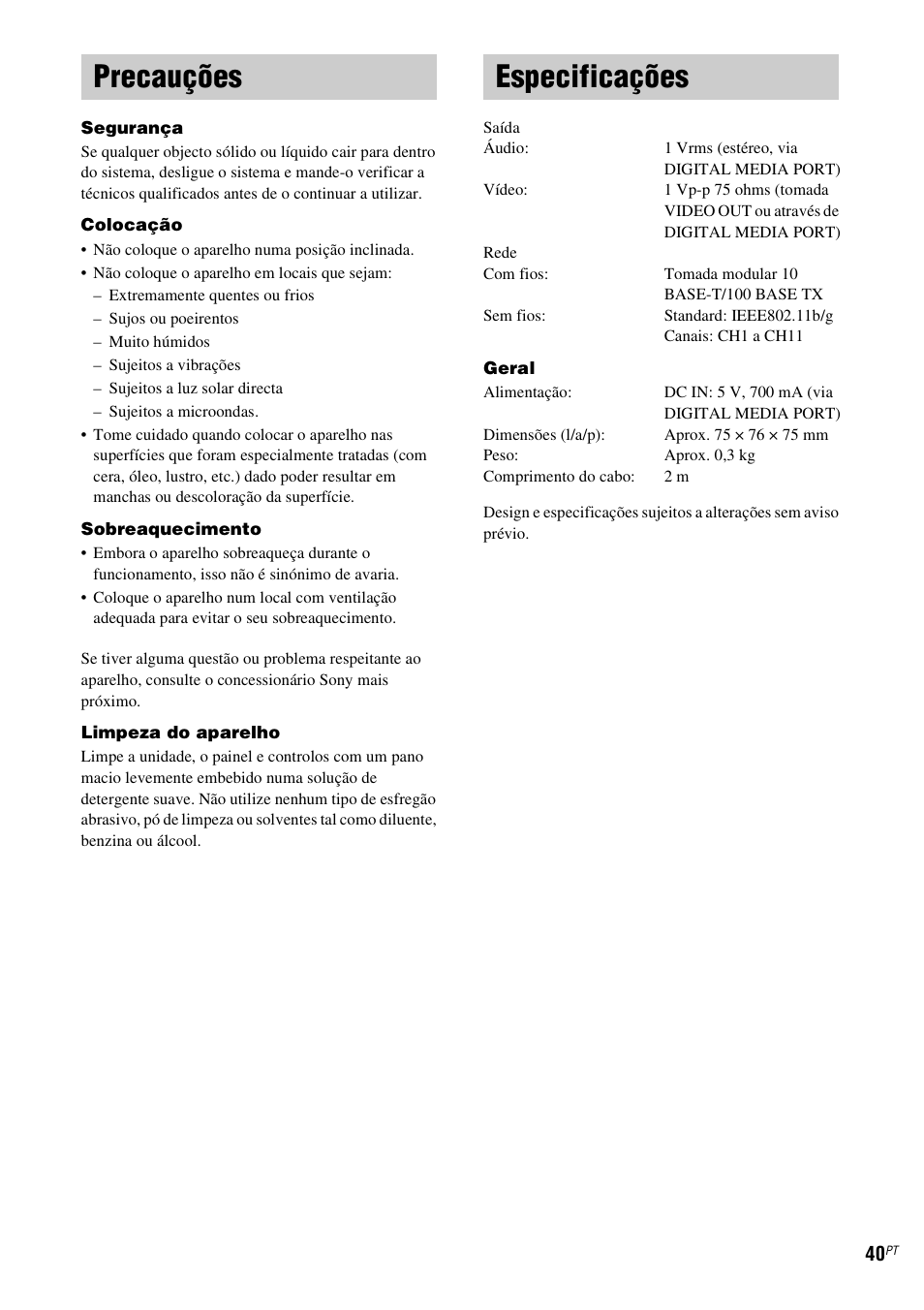 Precauções, Especificações, Precauções especificações | Sony TDM-NC1 User Manual | Page 465 / 467