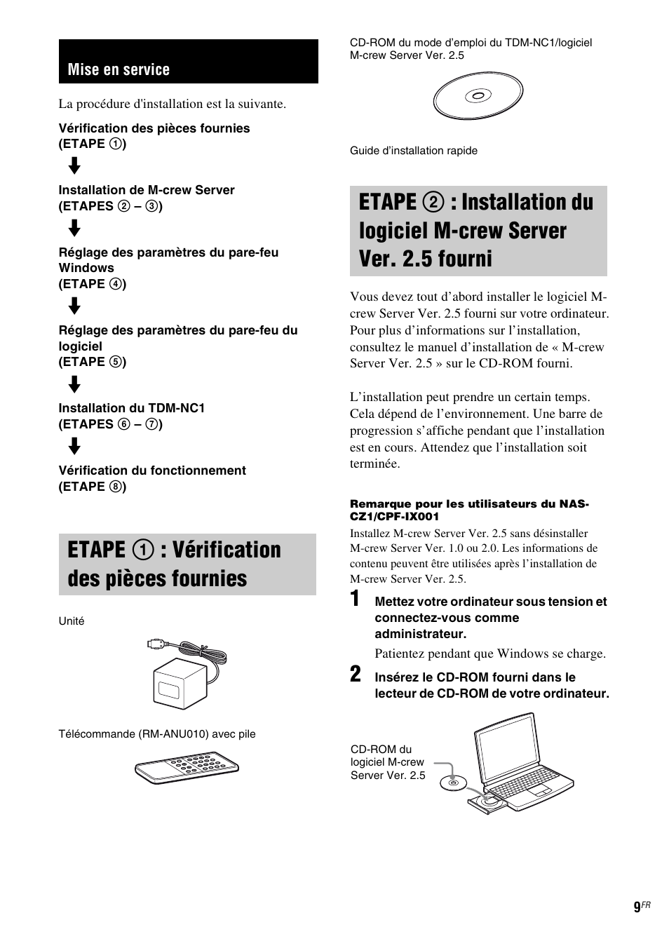 Mise en service, Etape 1: vérification des pièces fournies, Etape 1 : vérification des pièces | Fournies, Etape 2 : installation du logiciel, M-crew server ver. 2.5 fourni, Etape 1 : vérification des pièces fournies | Sony TDM-NC1 User Manual | Page 51 / 467