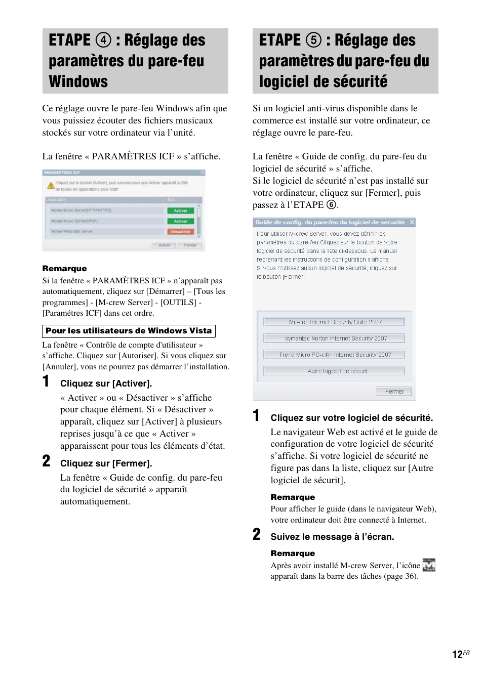 Etape 4 : réglage des paramètres du, Pare-feu windows, Etape 5 : réglage des paramètres du | Pare-feu du logiciel de sécurité | Sony TDM-NC1 User Manual | Page 54 / 467