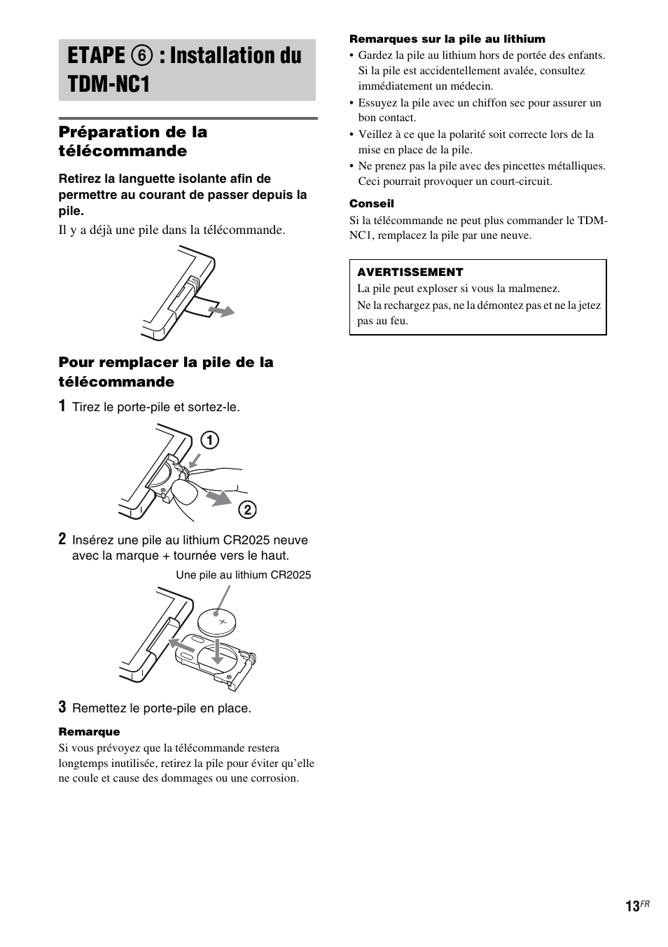 Etape 6: installation du tdm-nc1, Etape 6 : installation du, Tdm-nc1 | Etape 6 : installation du tdm-nc1, Préparation de la télécommande | Sony TDM-NC1 User Manual | Page 55 / 467