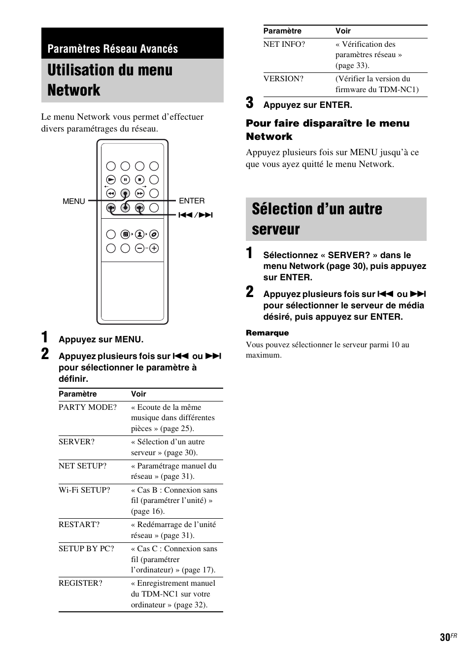 Paramètres réseau avancés, Utilisation du menu network, Sélection d’un autre serveur | Sony TDM-NC1 User Manual | Page 72 / 467