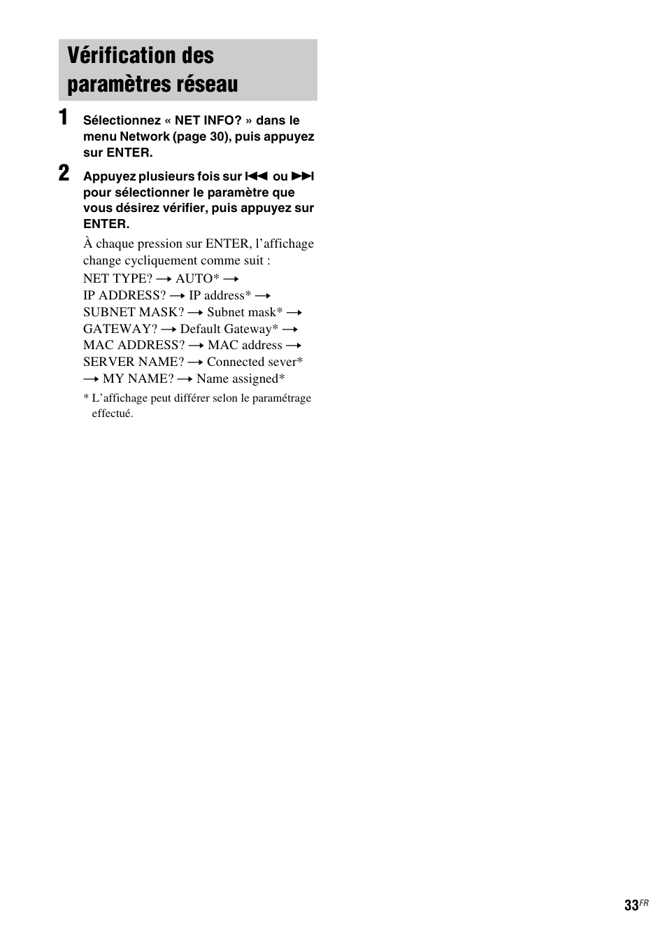 Vérification des paramètres réseau | Sony TDM-NC1 User Manual | Page 75 / 467
