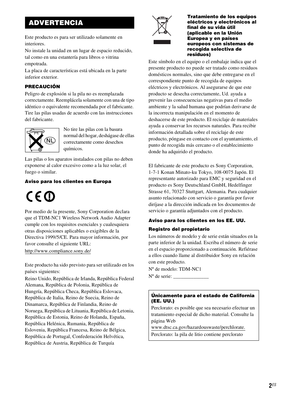 Advertencia | Sony TDM-NC1 User Manual | Page 86 / 467