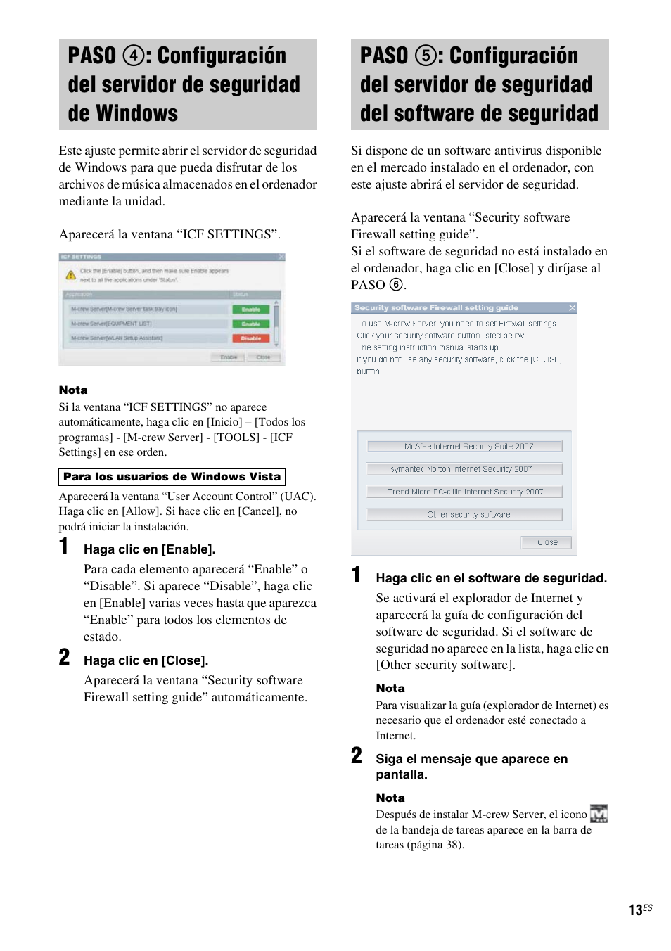 Paso 4: configuración del servidor de, Seguridad de windows, Paso 5: configuración del servidor de | Seguridad del software de seguridad | Sony TDM-NC1 User Manual | Page 97 / 467