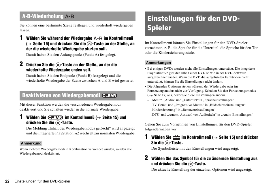 Einstellungen für den dvd- spieler, Einstellungen für den dvd-spieler, Seite 22) | Seite 22, A-b-wiederholung deaktivieren von wiedergabemodi | Sony KDL-22PX300 User Manual | Page 133 / 297