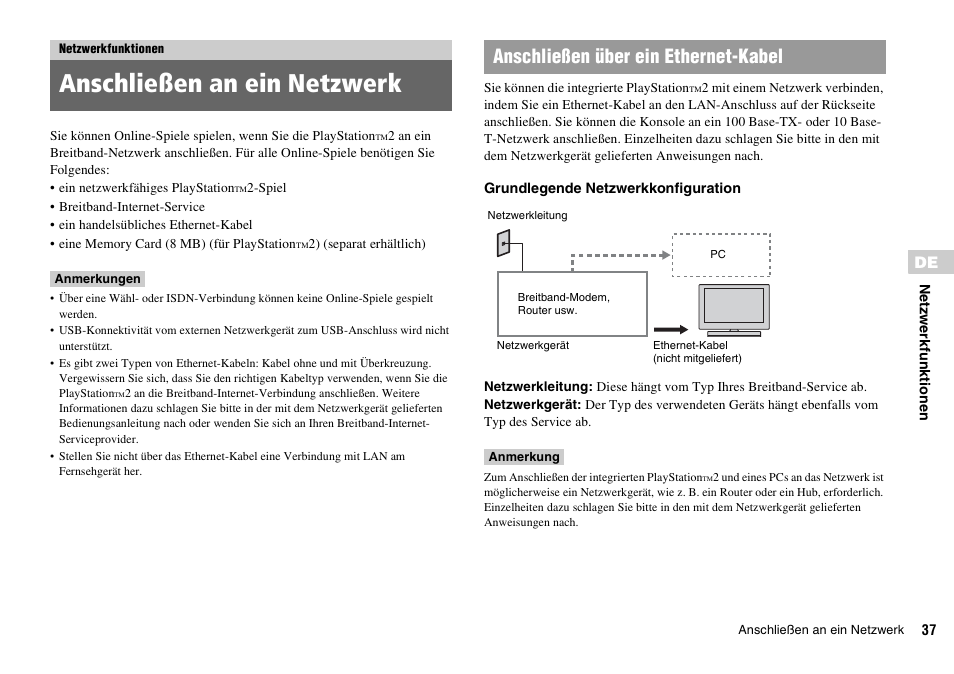 Netzwerkfunktionen, Anschließen an ein netzwerk, Anschließen über ein ethernet-kabel | Sony KDL-22PX300 User Manual | Page 148 / 297