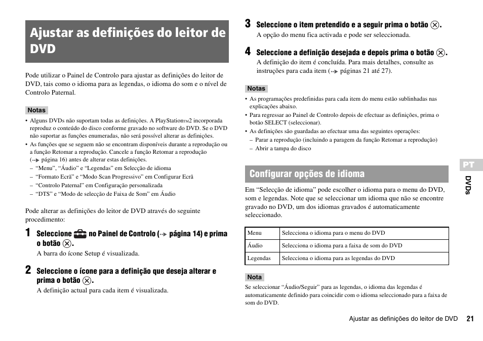 Ajustar as definições do leitor de dvd, Configurar opções de idioma | Sony KDL-22PX300 User Manual | Page 207 / 297