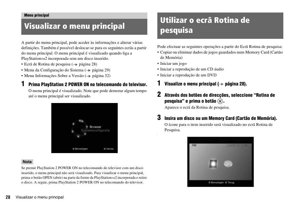Menu principal, Visualizar o menu principal, Utilizar o ecrã rotina de pesquisa | Sony KDL-22PX300 User Manual | Page 214 / 297