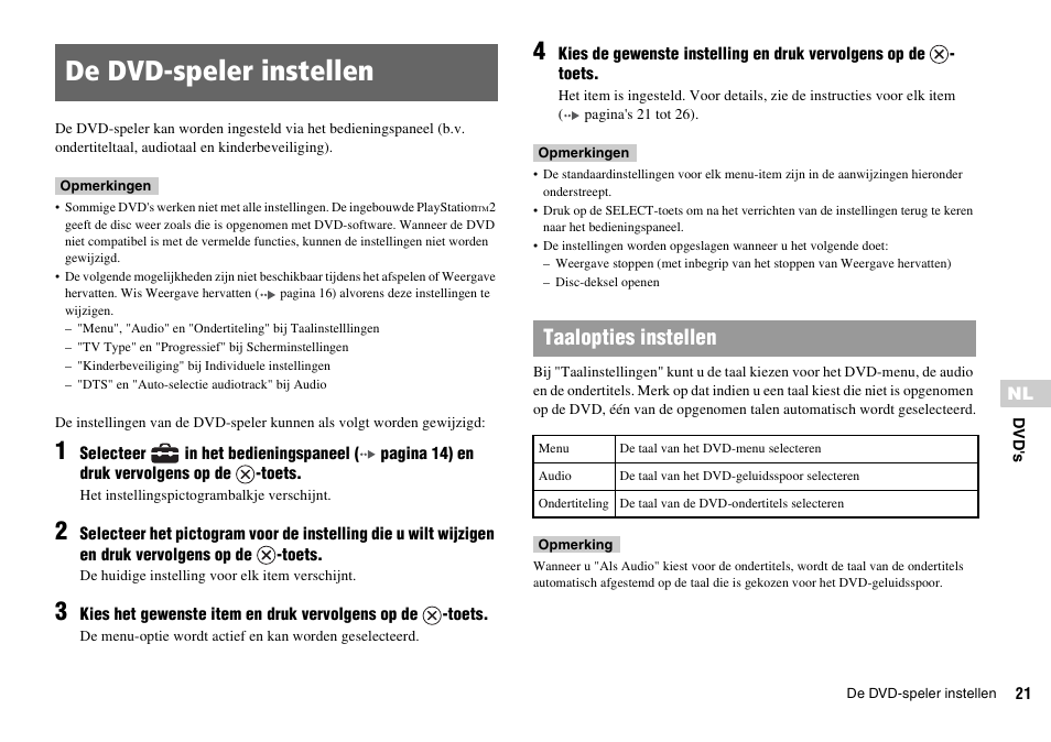 De dvd-speler instellen, Taalopties instellen | Sony KDL-22PX300 User Manual | Page 243 / 297