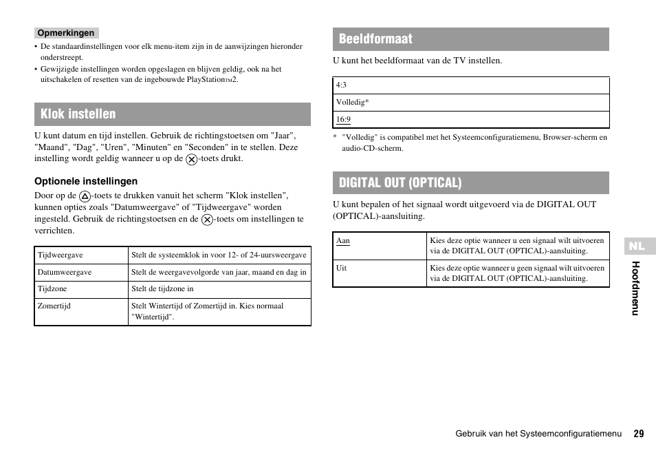 Klok instellen, Beeldformaat, Digital out (optical) | Sony KDL-22PX300 User Manual | Page 251 / 297