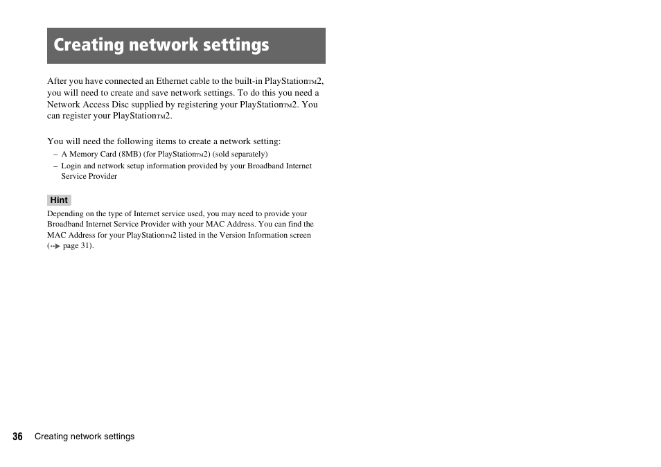 Creating network settings | Sony KDL-22PX300 User Manual | Page 36 / 297
