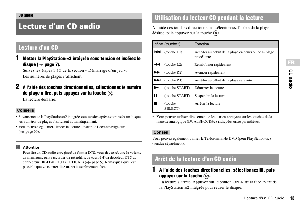 Cd audio, Lecture d’un cd audio, Arrêt de la lecture d’un cd audio | Sony KDL-22PX300 User Manual | Page 48 / 297