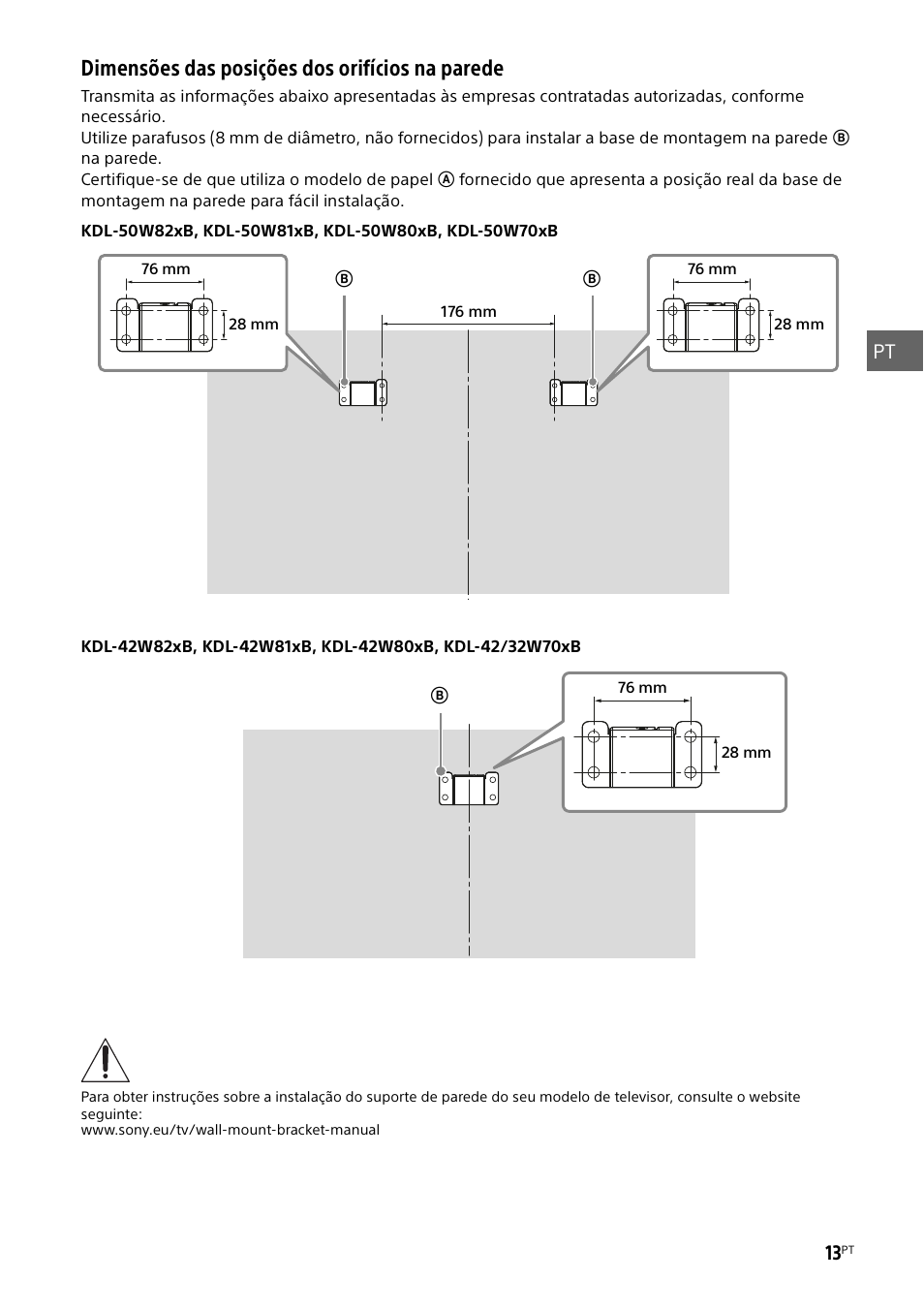 Dimensões das posições dos orifícios na parede, Pt 13 | Sony KDL-50W805B User Manual | Page 101 / 376