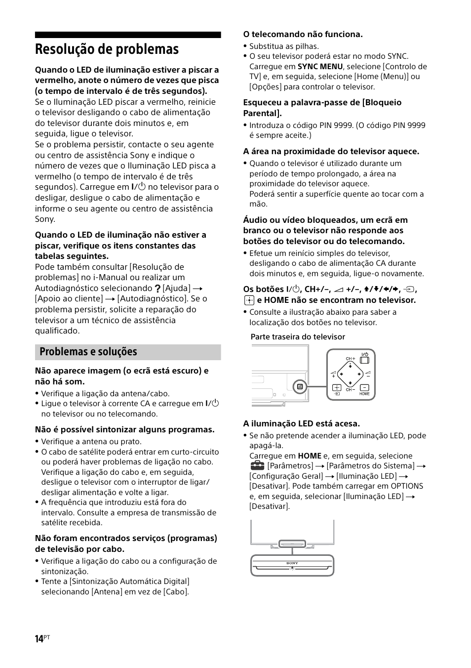 Resolução de problemas, Problemas e soluções | Sony KDL-50W805B User Manual | Page 102 / 376