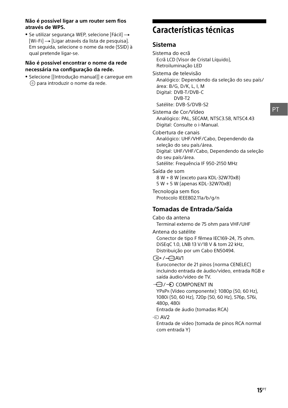 Características técnicas, Pt 15, Sistema | Tomadas de entrada/saída | Sony KDL-50W805B User Manual | Page 103 / 376
