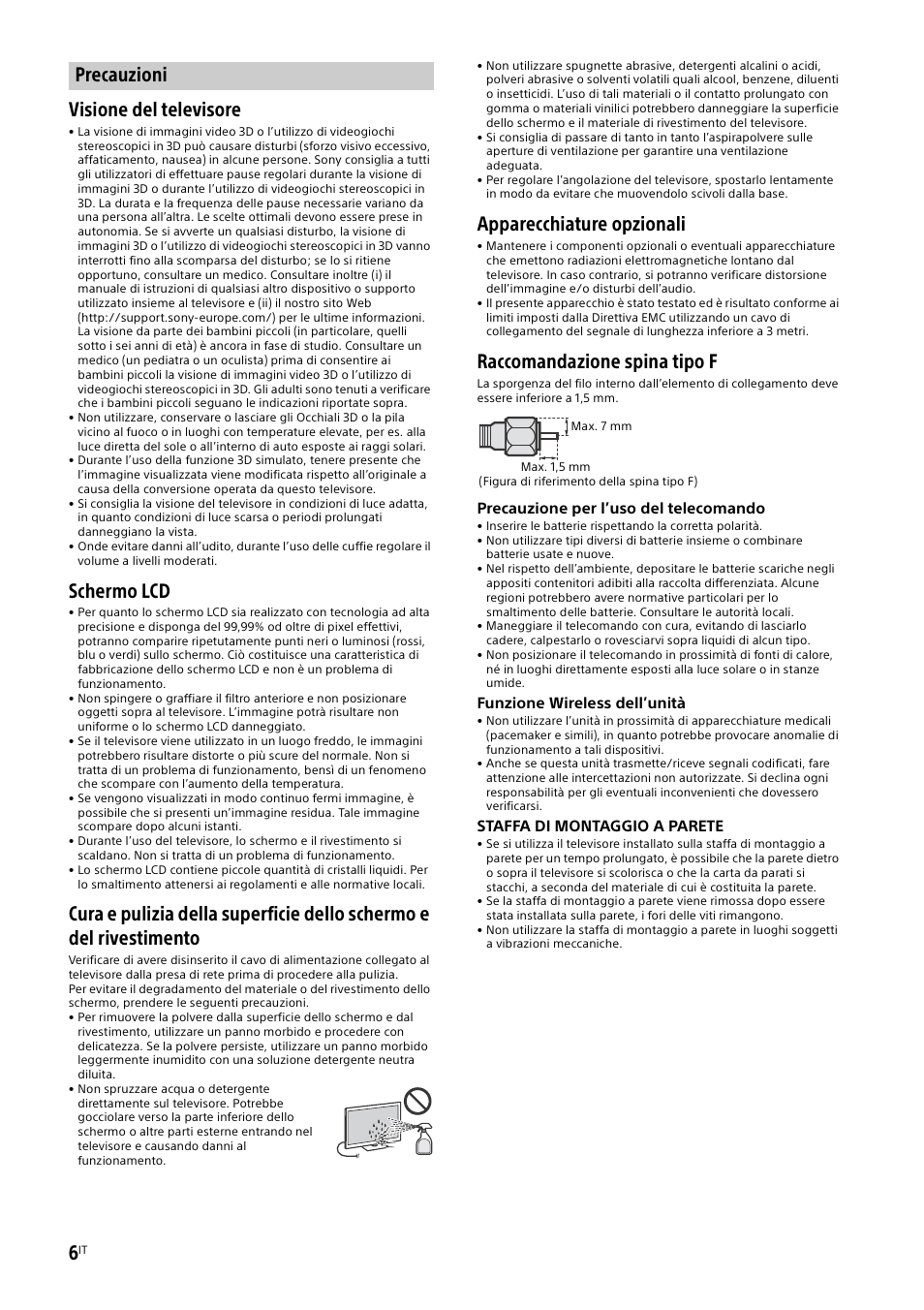Precauzioni, Visione del televisore, Schermo lcd | Apparecchiature opzionali, Raccomandazione spina tipo f | Sony KDL-50W805B User Manual | Page 112 / 376