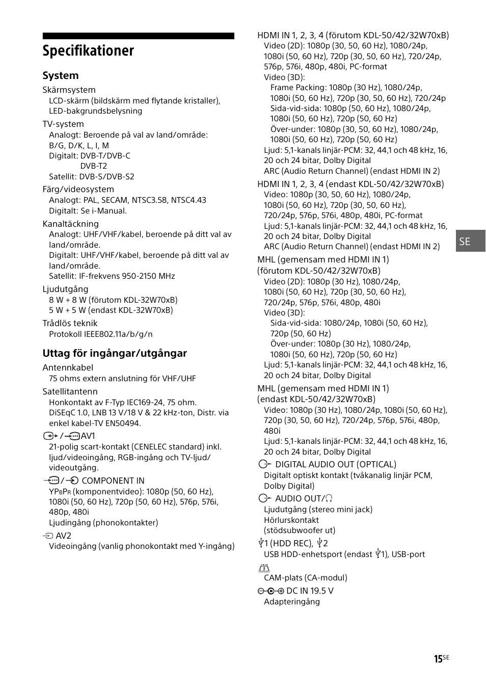 Specifikationer | Sony KDL-50W805B User Manual | Page 141 / 376