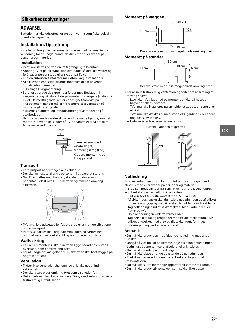 Sikkerhedsoplysninger, Side 3), Dk 3 | Advarsel, Installation/opsætning | Sony KDL-50W805B User Manual | Page 147 / 376