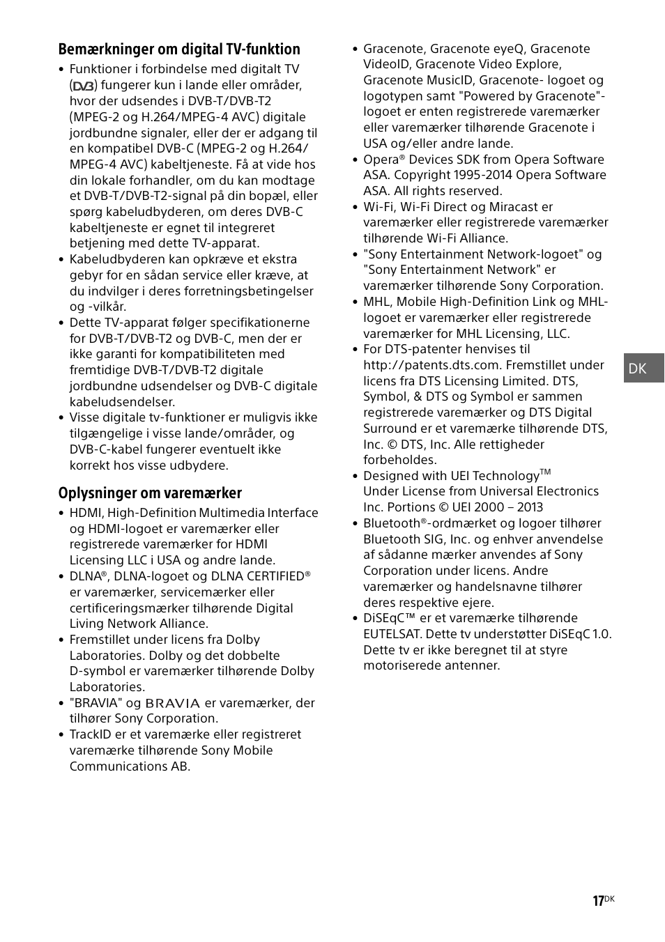 Bemærkninger om digital tv-funktion, Oplysninger om varemærker | Sony KDL-50W805B User Manual | Page 161 / 376