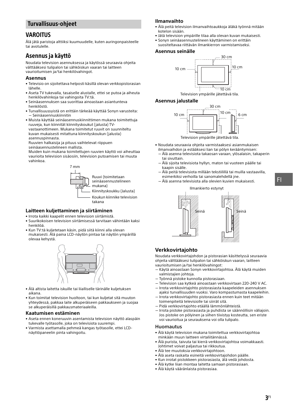 Turvallisuus-ohjeet, Sivu 3), Fi 3 | Varoitus, Asennus ja käyttö | Sony KDL-50W805B User Manual | Page 163 / 376