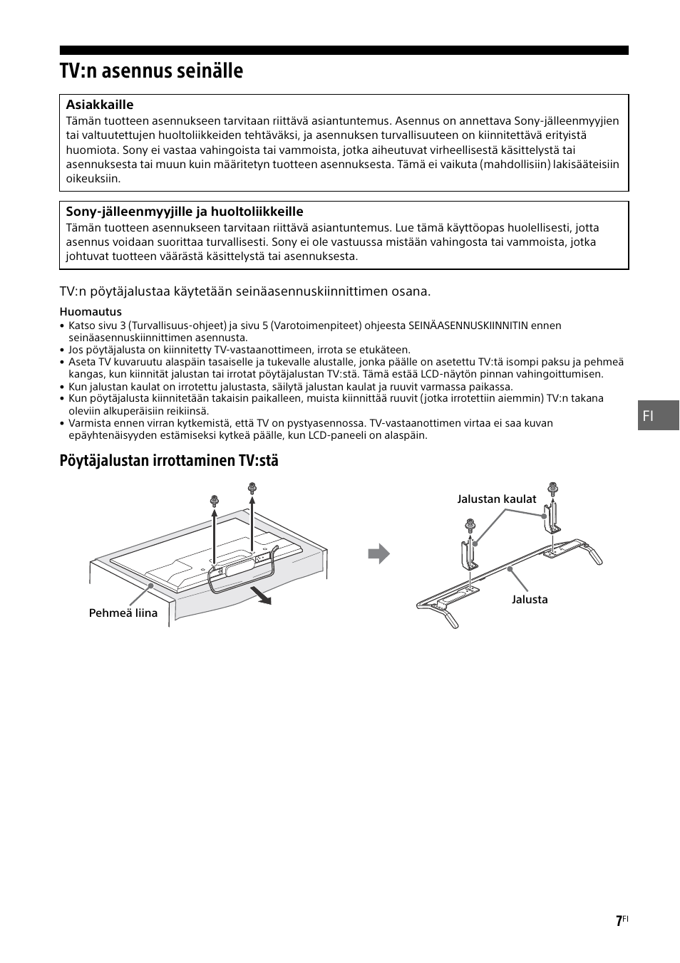 Tv:n asennus seinälle, Tv:n asennus seinälle” l, Pöytäjalustan irrottaminen tv:stä | Fi 7 | Sony KDL-50W805B User Manual | Page 167 / 376