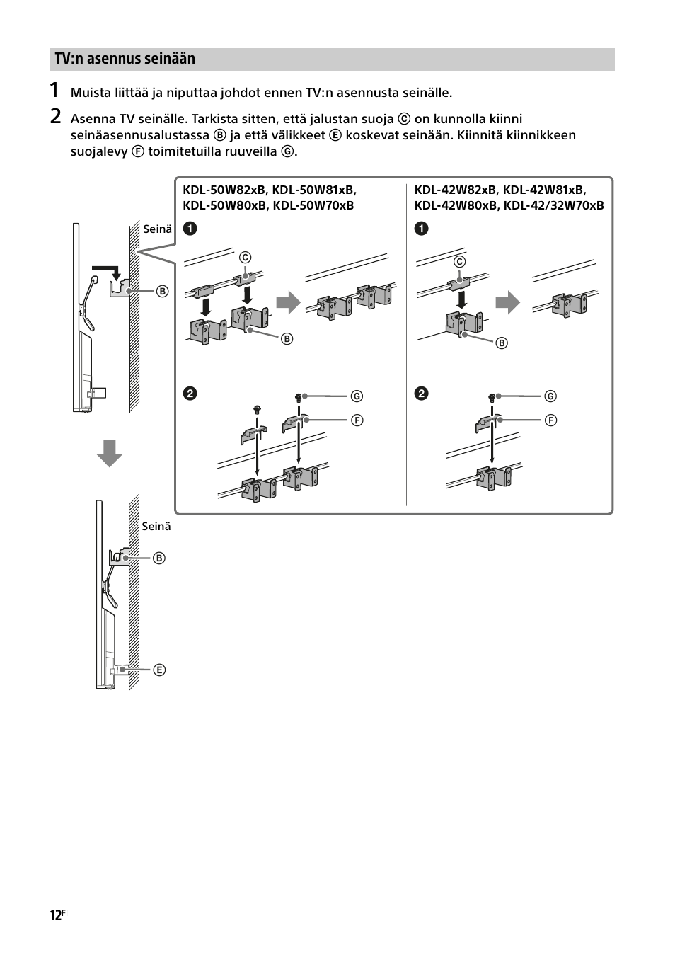 Tv:n asennus seinään | Sony KDL-50W805B User Manual | Page 172 / 376