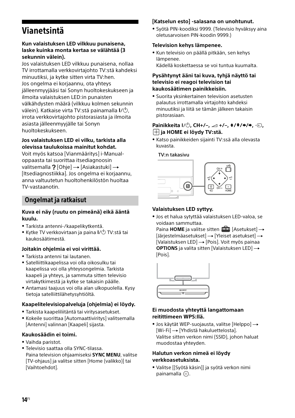 Vianetsintä, Ongelmat ja ratkaisut | Sony KDL-50W805B User Manual | Page 174 / 376