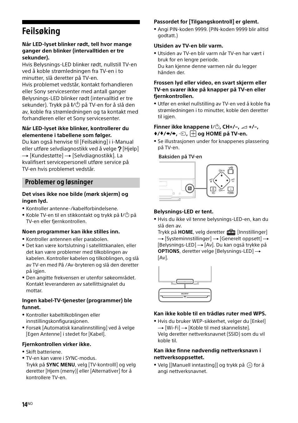 Feilsøking, Problemer og løsninger | Sony KDL-50W805B User Manual | Page 190 / 376
