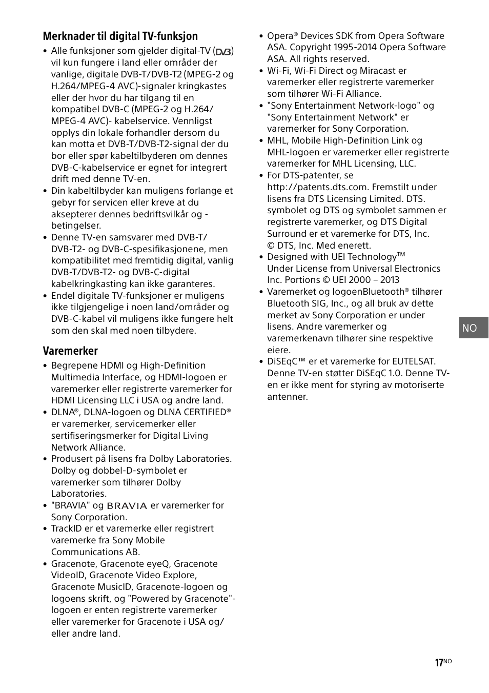 Merknader til digital tv-funksjon, Varemerker | Sony KDL-50W805B User Manual | Page 193 / 376