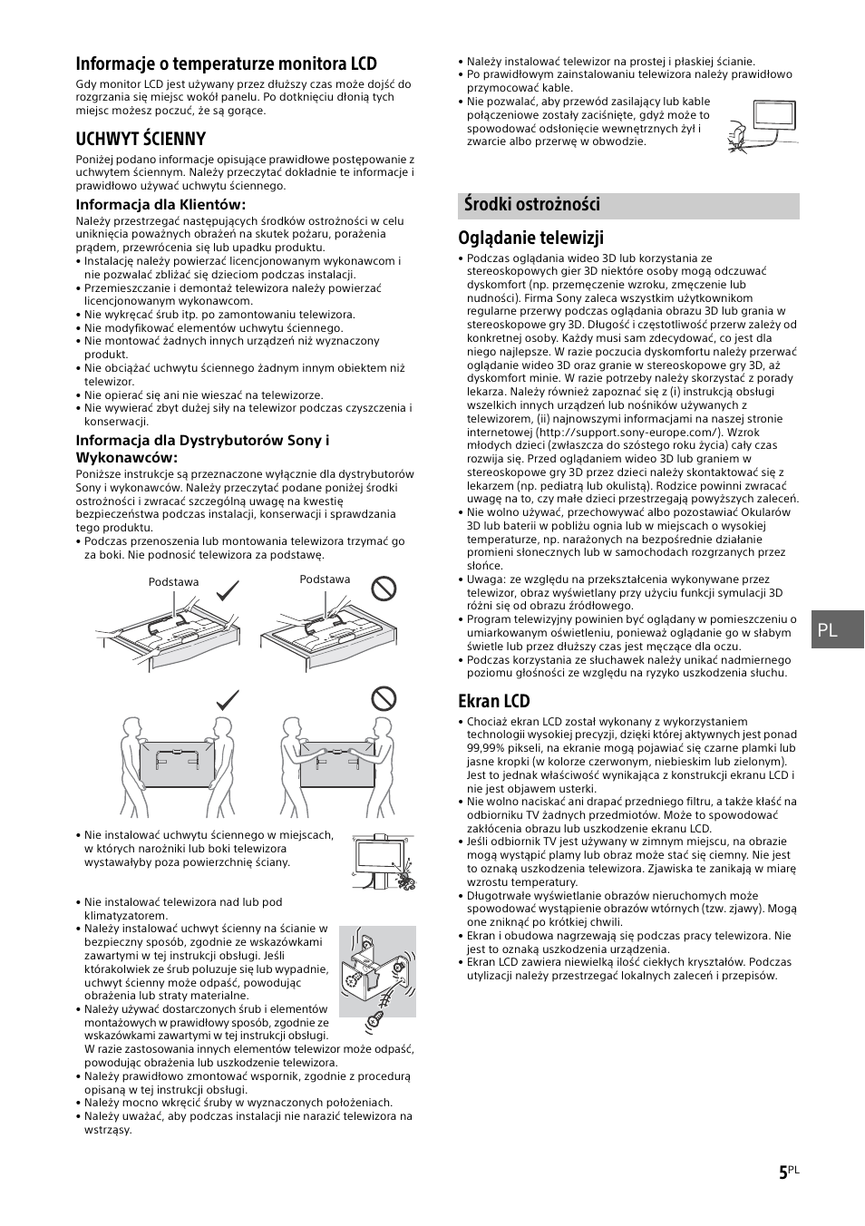 Środki ostrożności, Uchwyt ścienny, Oglądanie telewizji | Ekran lcd | Sony KDL-50W805B User Manual | Page 197 / 376