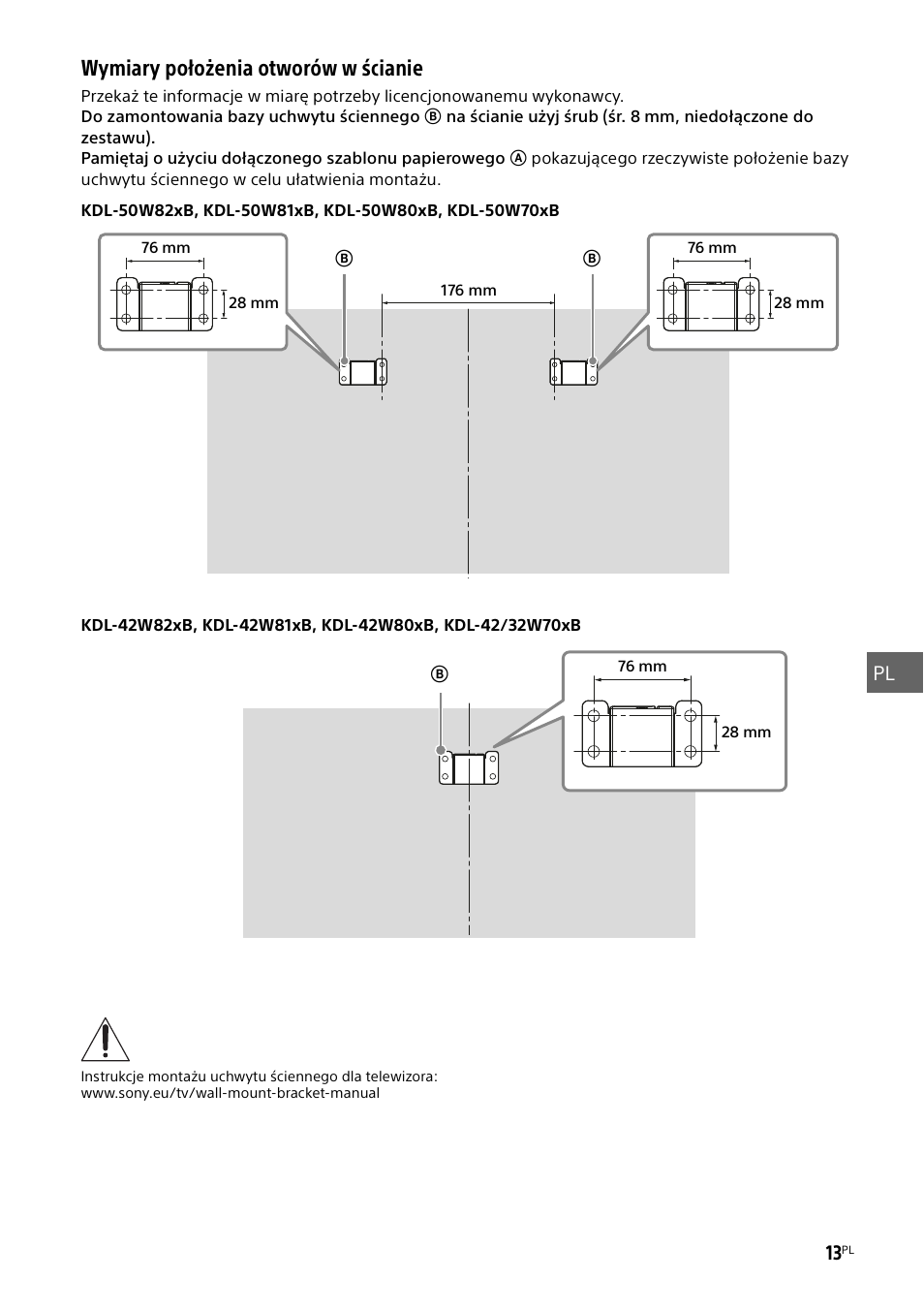 Wymiary położenia otworów w ścianie | Sony KDL-50W805B User Manual | Page 205 / 376