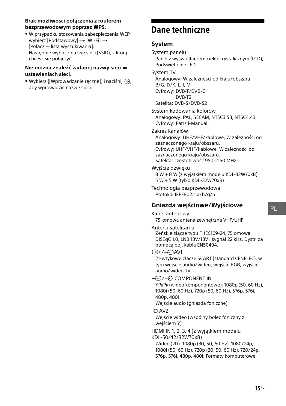 Dane techniczne | Sony KDL-50W805B User Manual | Page 207 / 376
