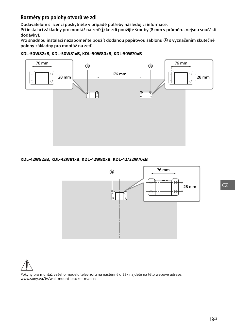 Rozměry pro polohy otvorů ve zdi | Sony KDL-50W805B User Manual | Page 223 / 376