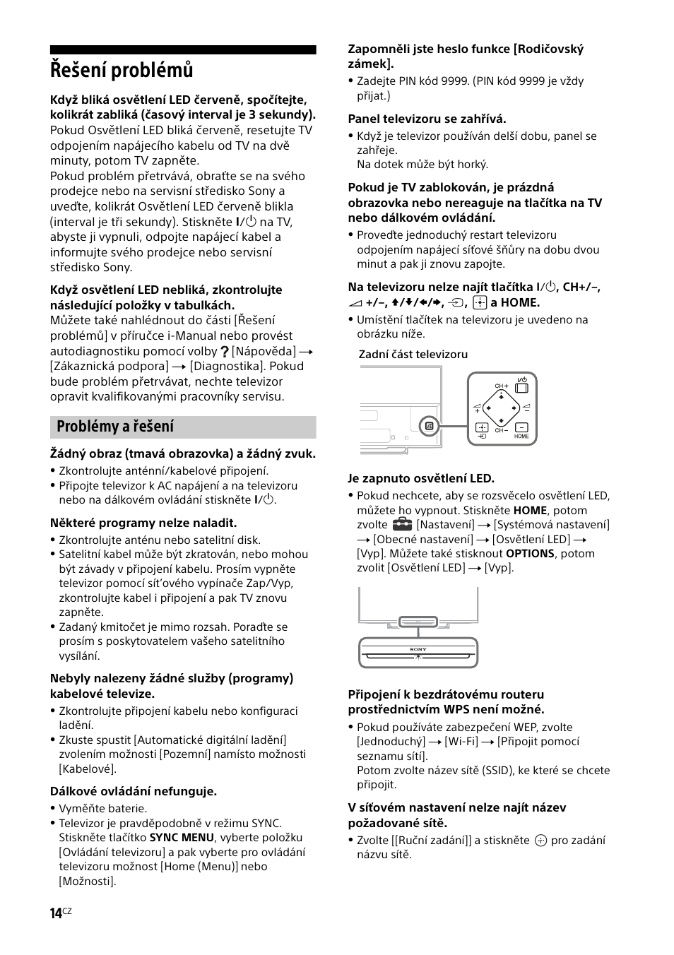 Řešení problémů, Problémy a řešení | Sony KDL-50W805B User Manual | Page 224 / 376