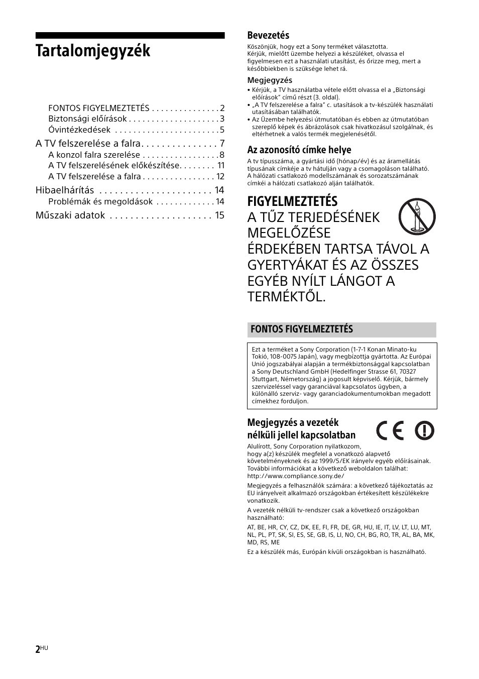 Fontos figyelmeztetés, Tartalomjegyzék, Bevezetés | Az azonosító címke helye, Megjegyzés a vezeték nélküli jellel kapcsolatban | Sony KDL-50W805B User Manual | Page 248 / 376