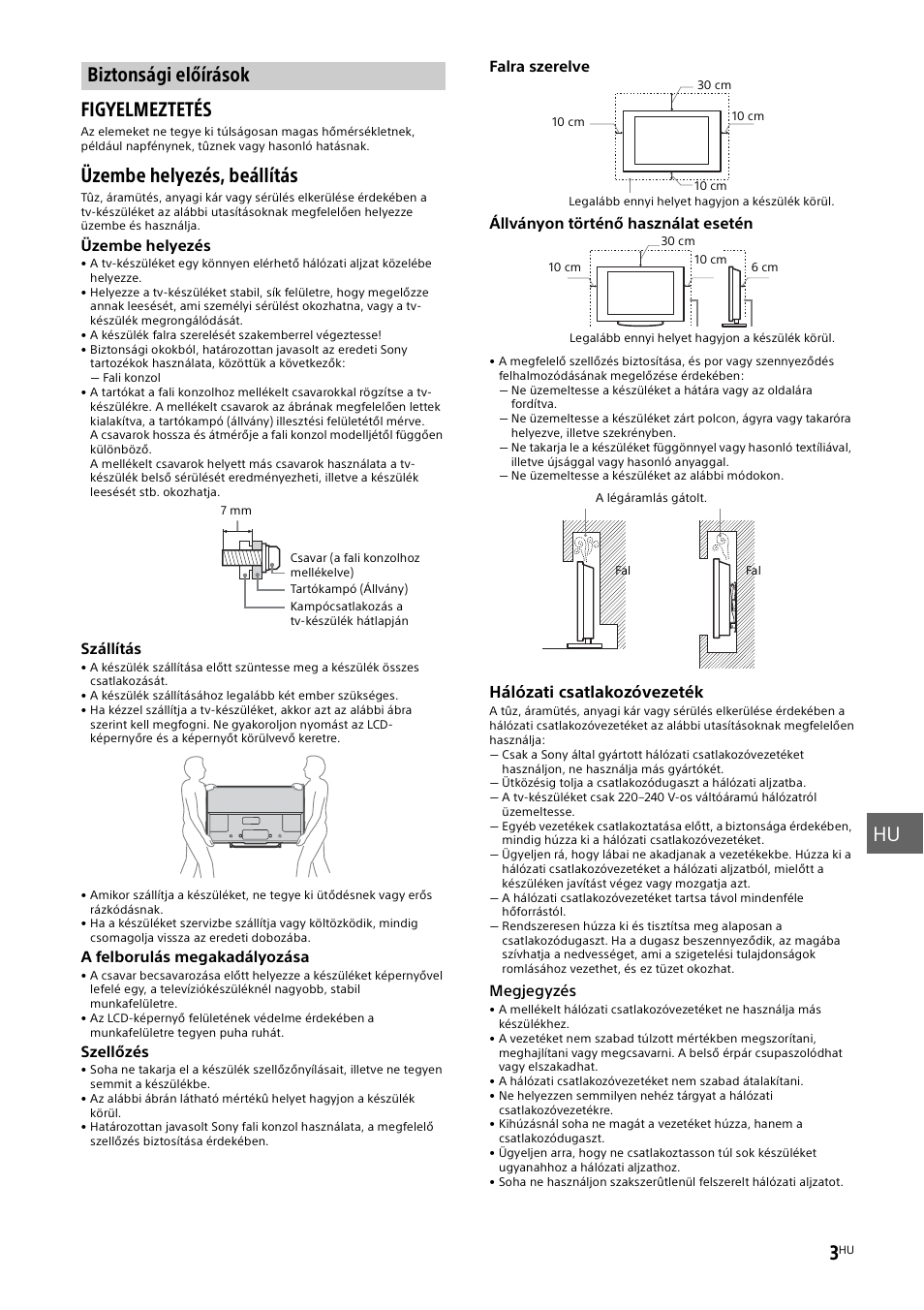 Biztonsági előírások, Biztonsági, Előírások | Oldal), Hu 3, Figyelmeztetés, Üzembe helyezés, beállítás | Sony KDL-50W805B User Manual | Page 249 / 376