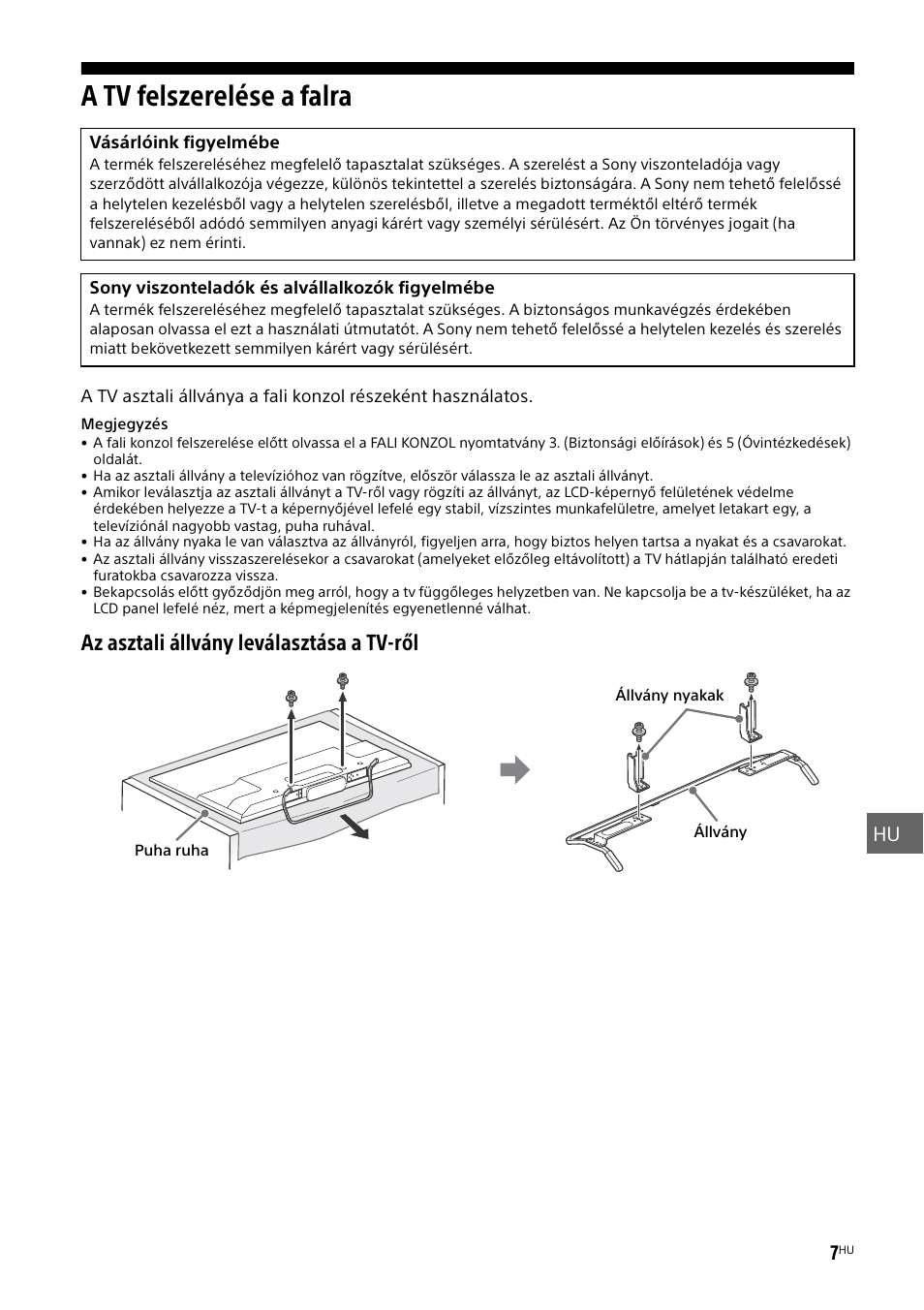 A tv felszerelése a falra, A tv felszerelése a falra” c, Az asztali állvány leválasztása a tv-ről | Hu 7 | Sony KDL-50W805B User Manual | Page 253 / 376