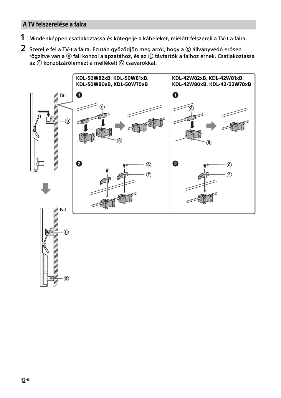 A tv felszerelése a falra | Sony KDL-50W805B User Manual | Page 258 / 376