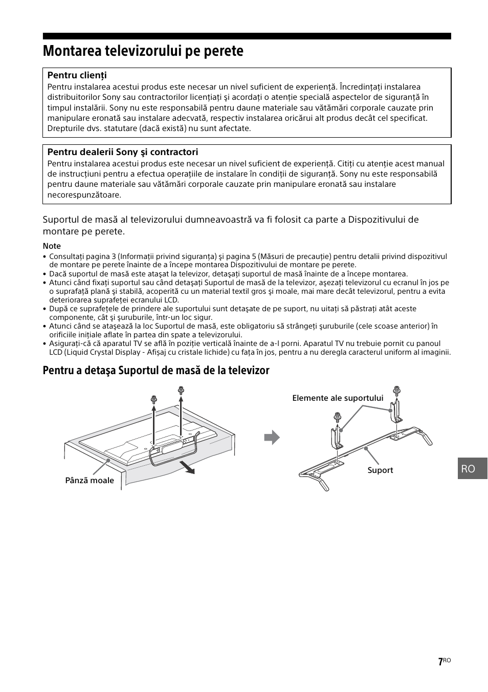 Montarea televizorului pe perete, Pentru a detaşa suportul de masă de la televizor, Ro 7 | Sony KDL-50W805B User Manual | Page 271 / 376