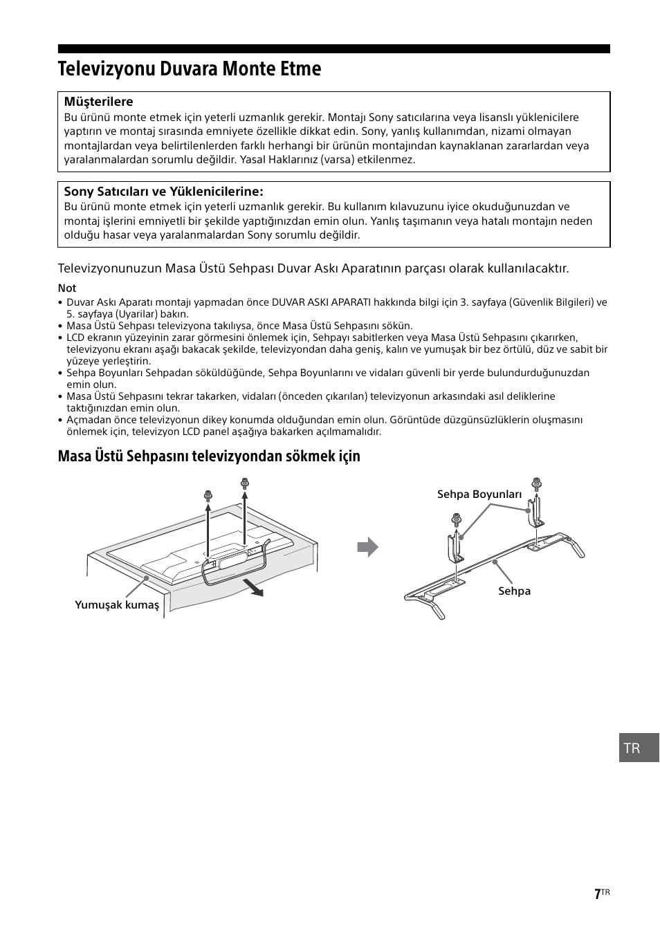 Televizyonu duvara monte etme, Masa üstü sehpasını televizyondan sökmek için | Sony KDL-50W805B User Manual | Page 327 / 376