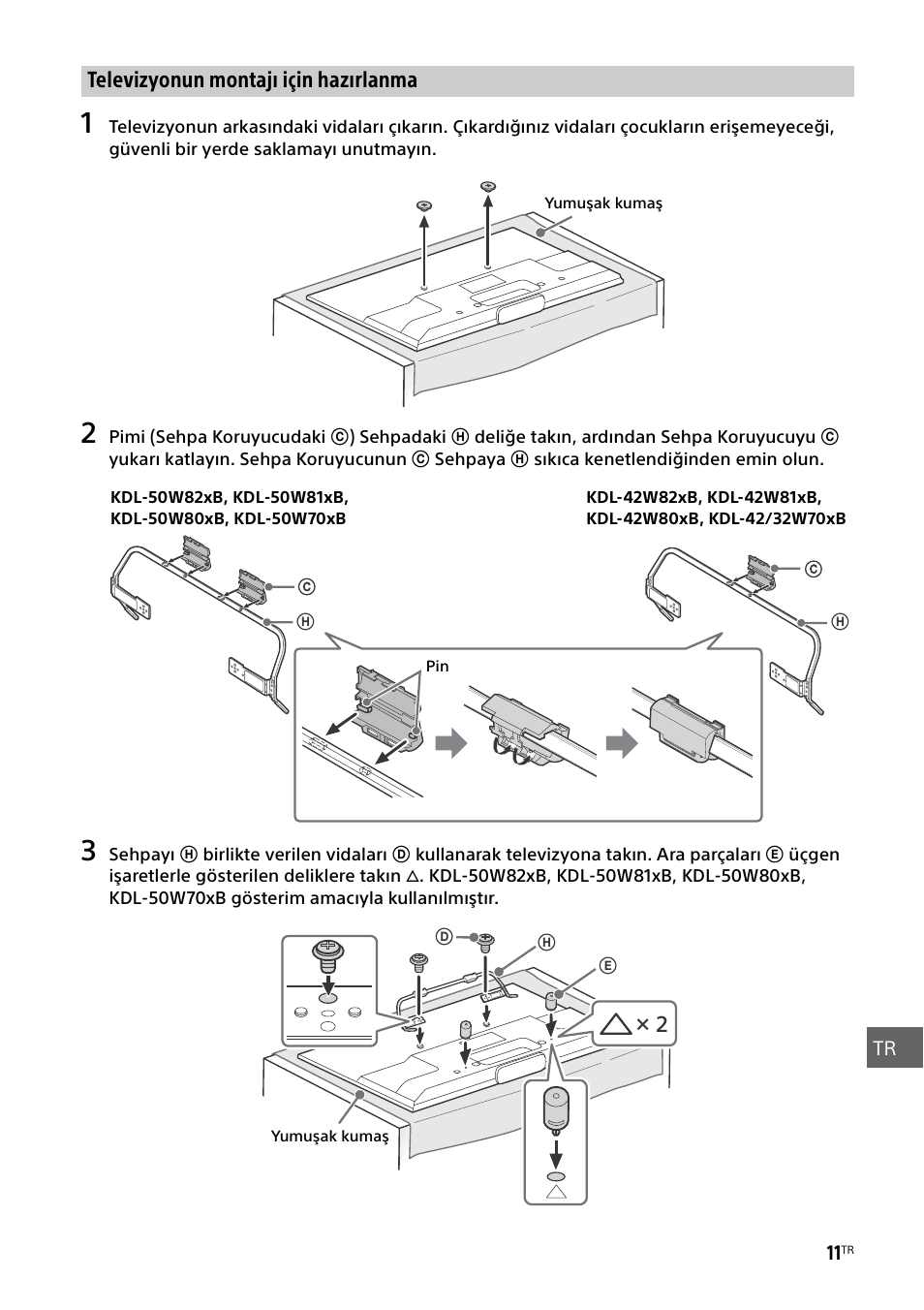 Televizyonun montajı için hazırlanma | Sony KDL-50W805B User Manual | Page 331 / 376