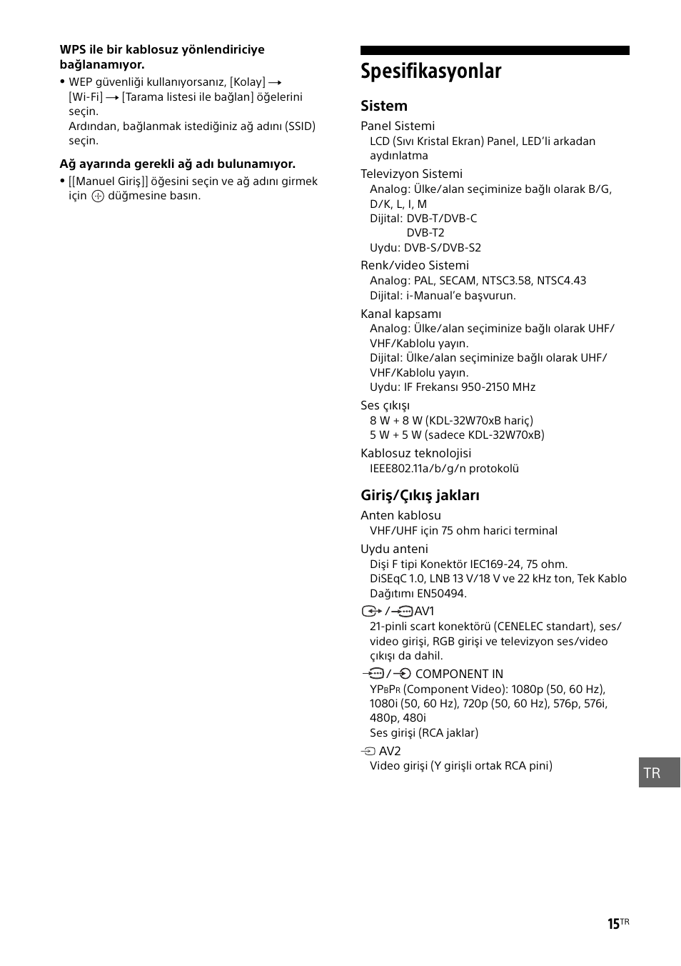 Spesifikasyonlar | Sony KDL-50W805B User Manual | Page 335 / 376