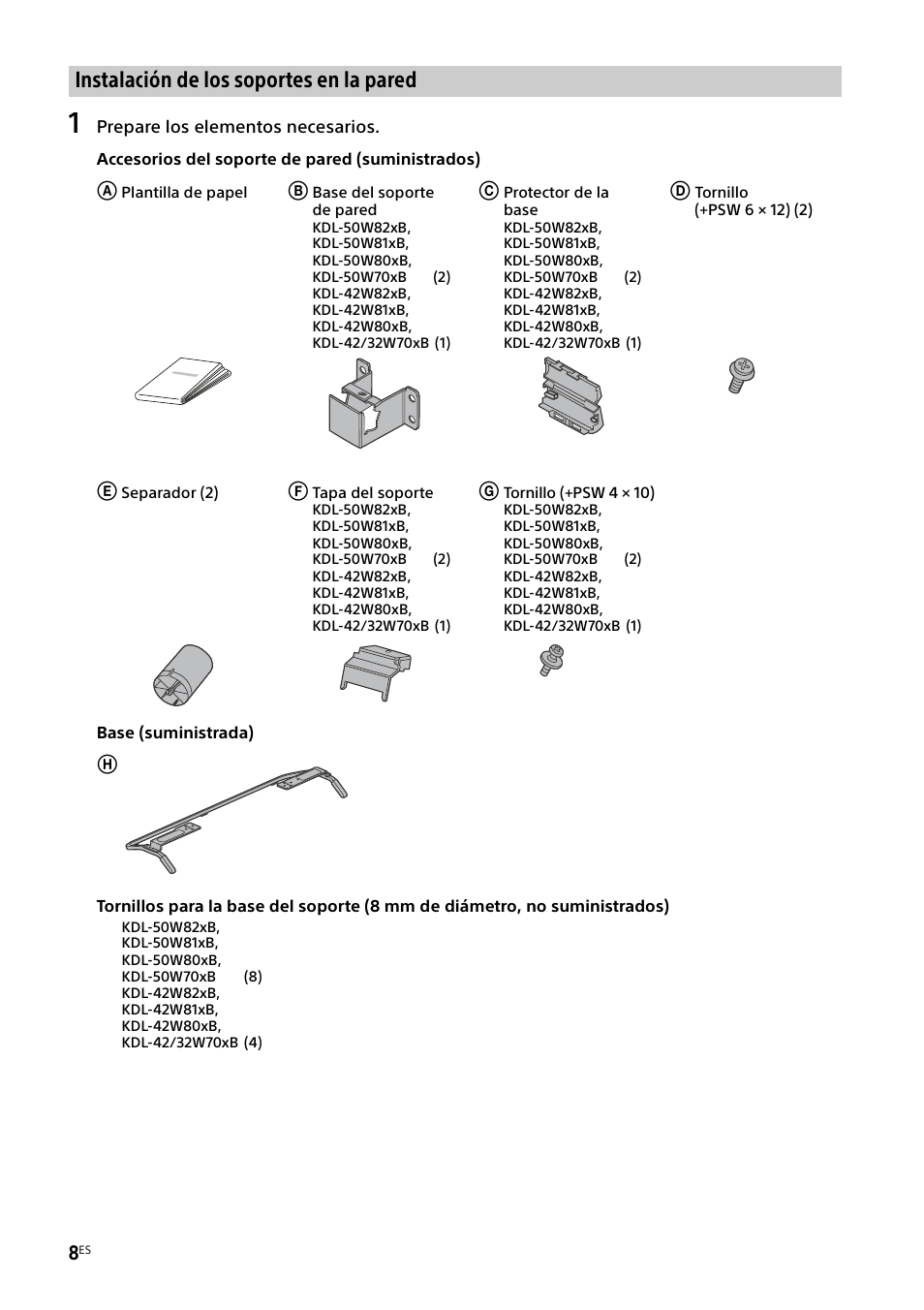 Instalación de los soportes en la pared | Sony KDL-50W805B User Manual | Page 42 / 376