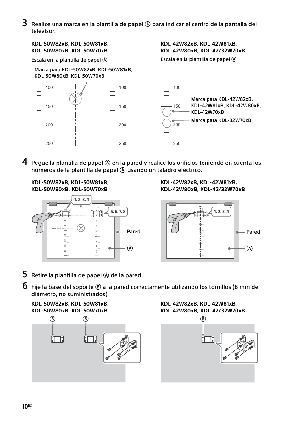 Retire la plantilla de papel a de la pared, Escala en la plantilla de papel a, Pared | Sony KDL-50W805B User Manual | Page 44 / 376