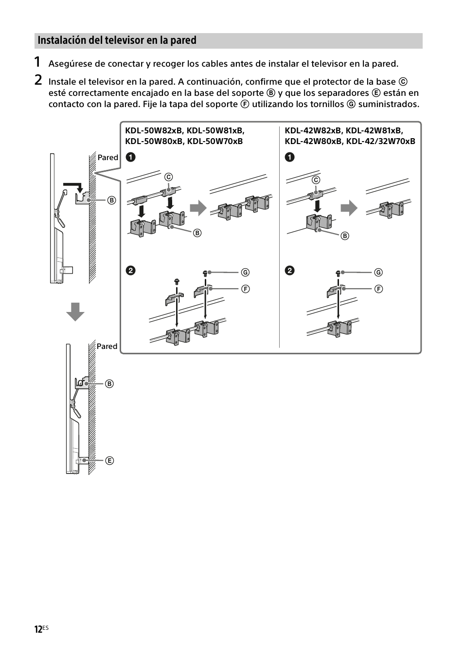 Instalación del televisor en la pared | Sony KDL-50W805B User Manual | Page 46 / 376