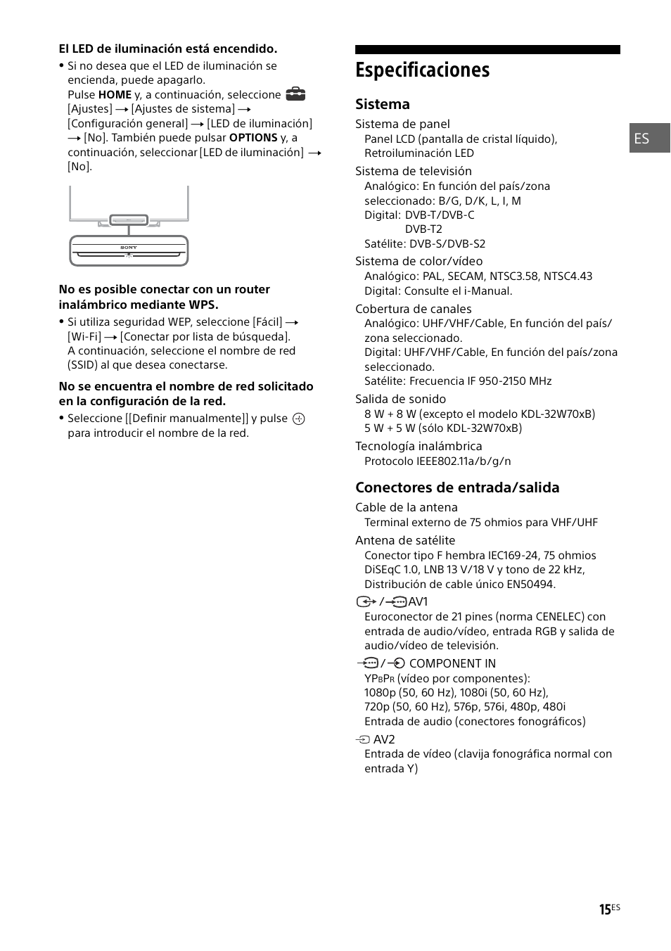 Especificaciones | Sony KDL-50W805B User Manual | Page 49 / 376