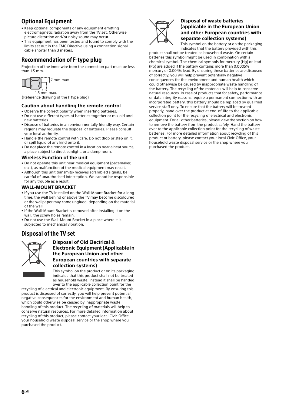 Optional equipment, Recommendation of f-type plug, Disposal of the tv set | Sony KDL-50W805B User Manual | Page 6 / 376